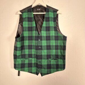 Hi-Tie Mens Green Black Tartan Plaid V-Neck Button Front Vest Size Large Pockets